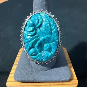 Amy Kahn Russell LARGE Sterling Silver Carved Floral Turquoise Ring Size 9 1/2